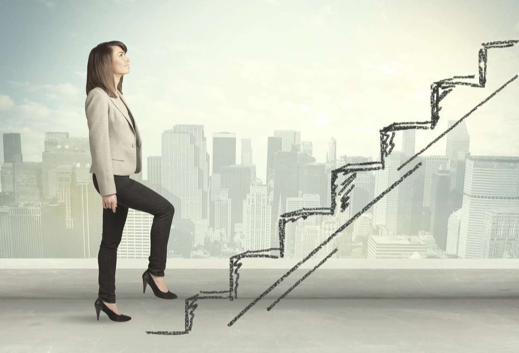 Business woman climbing up on hand drawn staircase concept-1