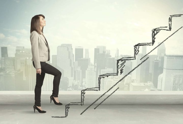 Business woman climbing up on hand drawn staircase concept