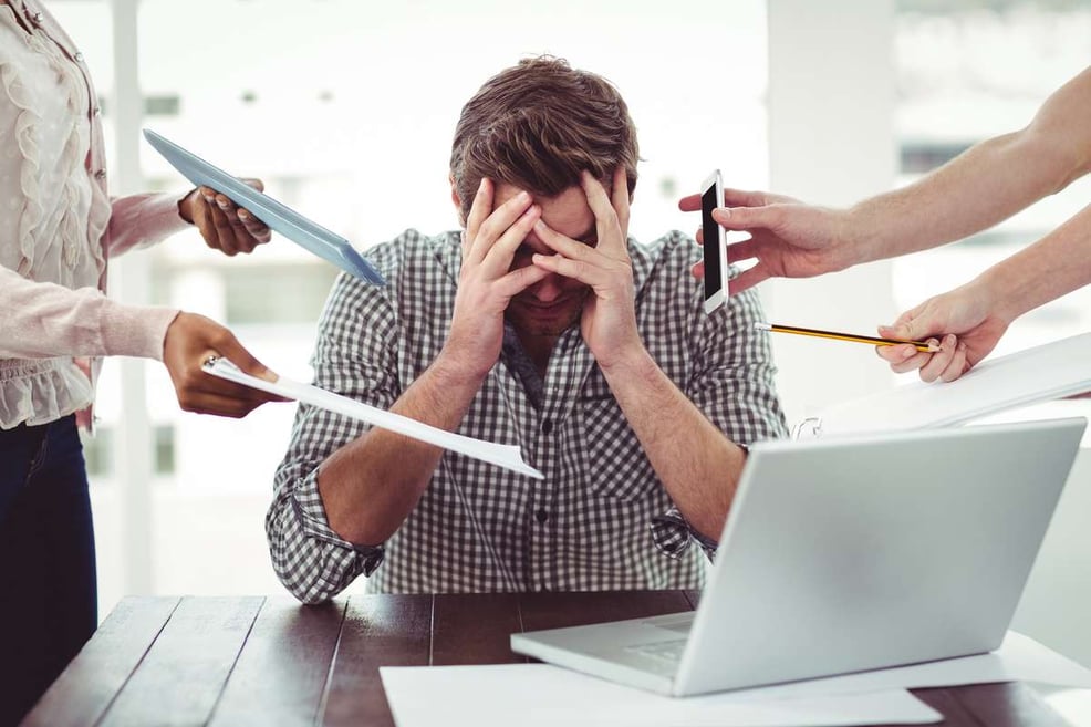 Businessman stressed out at work, find a virtual assistant for property management concept. 