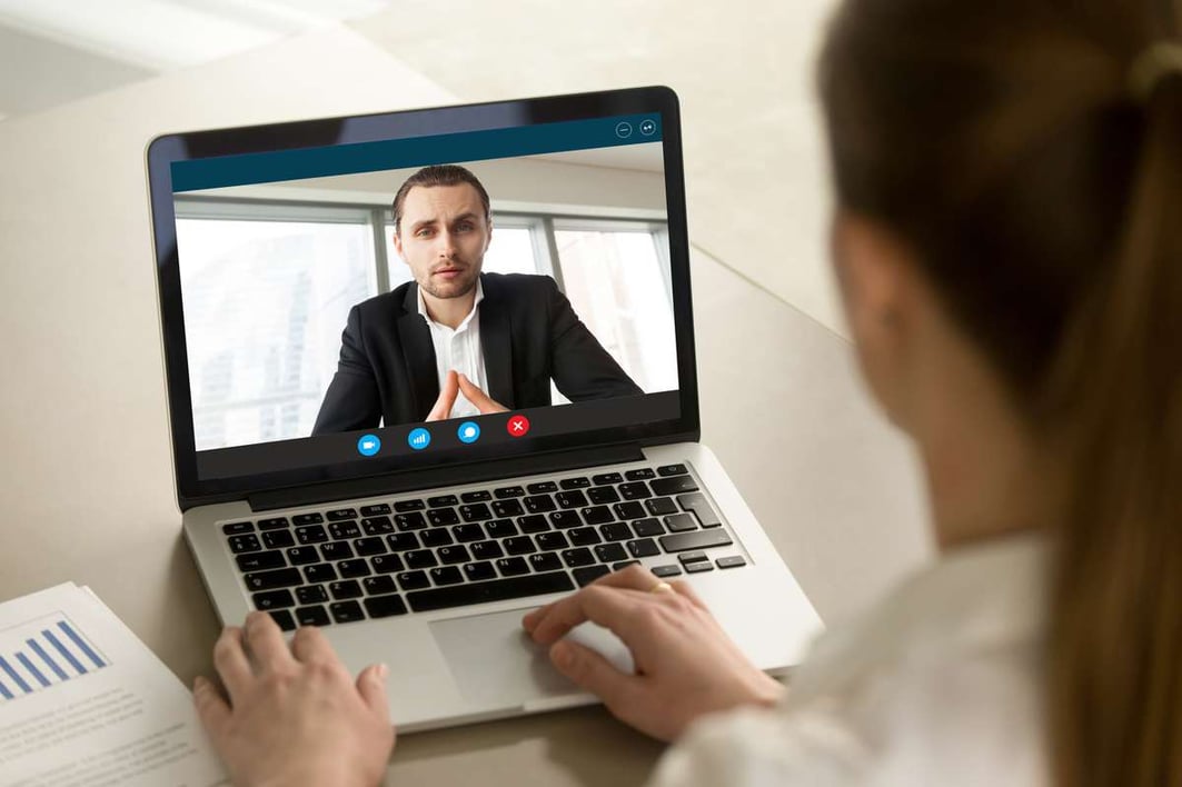 Businesswoman calling businessman online by video chat pc app, c-1