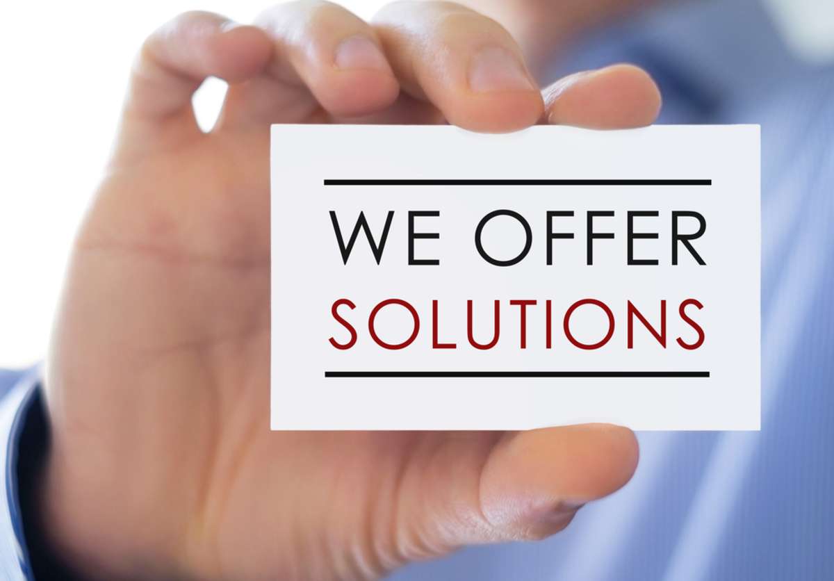 We offer solutions - business card, managing remote teams best practices concept. 