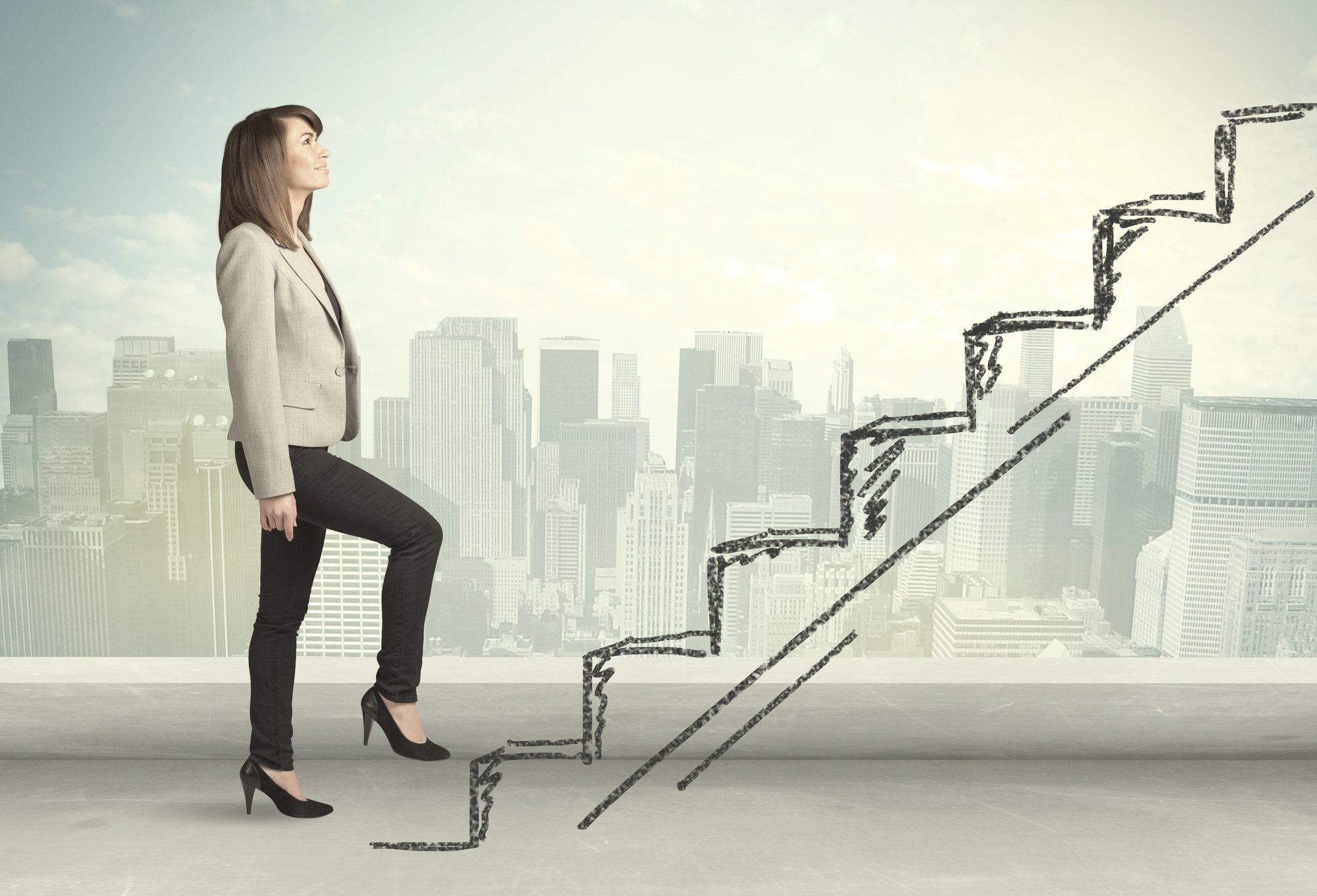 Business woman climbing up on hand drawn staircase concept-1