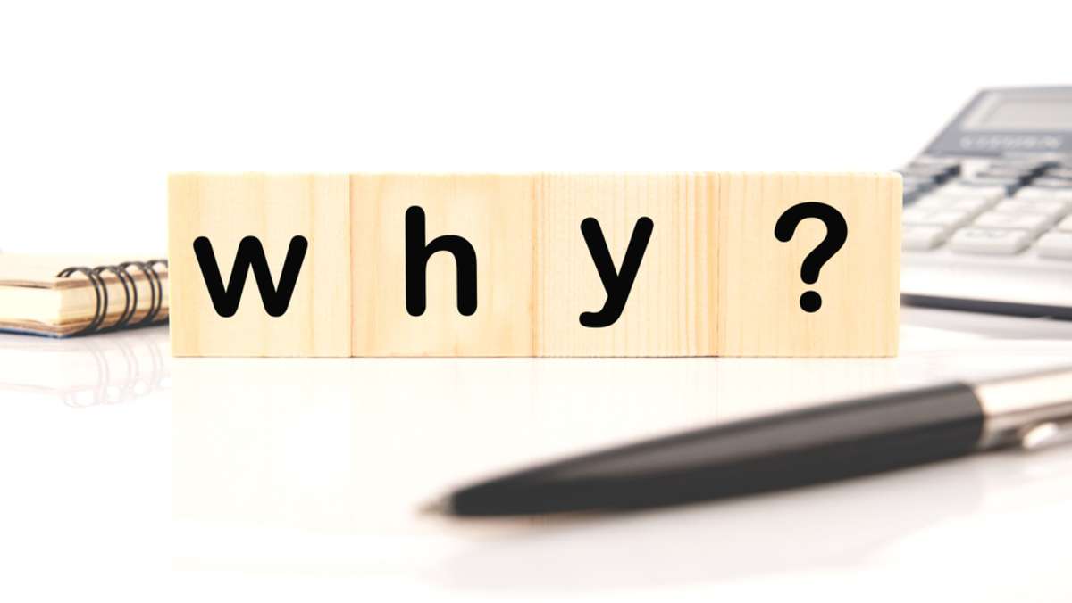 The question is why word with wooden cube black on white table background