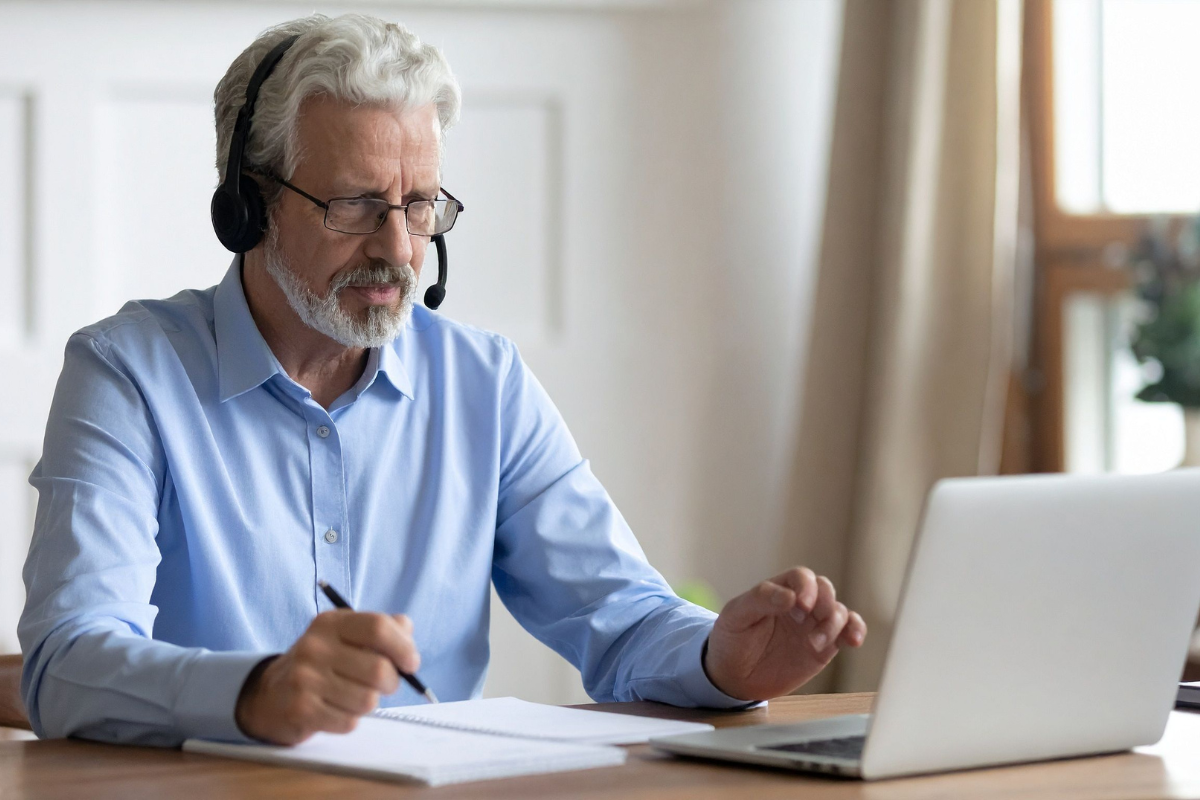 Thoughtful Bearded Man Attending Online Virtual Meeting